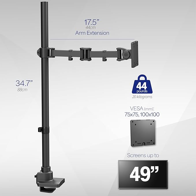 VIVO Single Ultra-Wide Monitor Extra Tall Desk Mount for up to 49 inch Ultrawide Screens, Clamp-on Adjustable Stand Holds 44 lbs, VESA up to 100x100mm, Black, STAND-V100T
