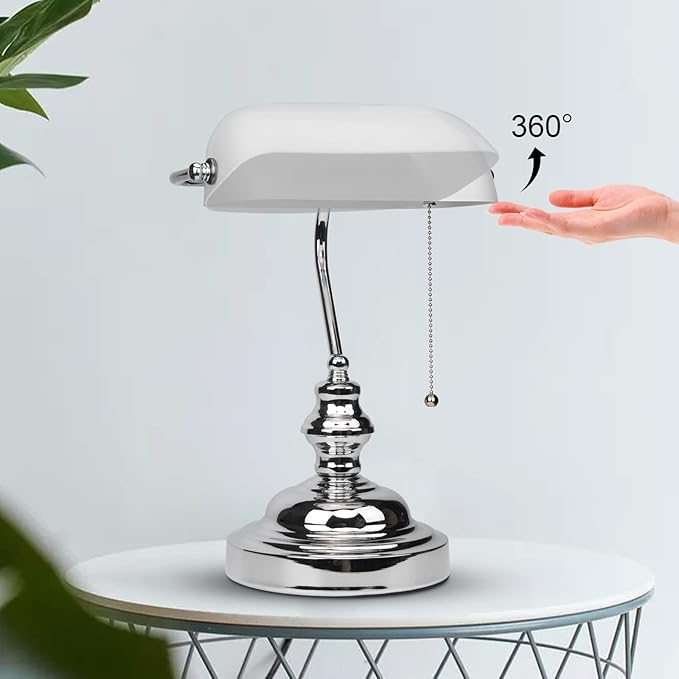 FIRVRE Bankers Lamp with White Glass Shade, Desk Lamp Library Lamp with Pull Chain, Vintage Desk Lamp for Office, Study Room