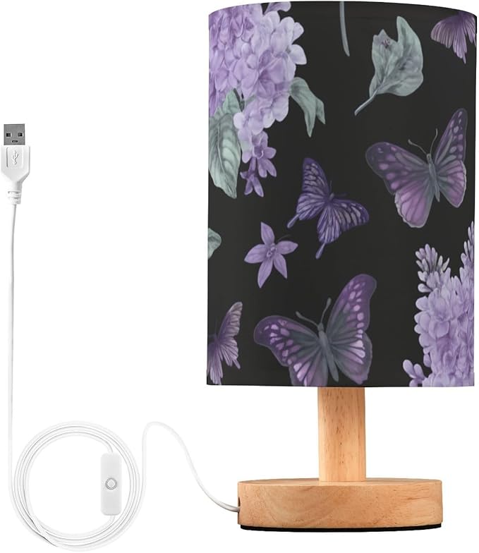 Butterfly and Flower LED Table Lamp, Bedside Lamp with Linen Lampshade, Flicker-Free Eye Care USB Plug in Nightstand Lamp, for Bedroom and Office