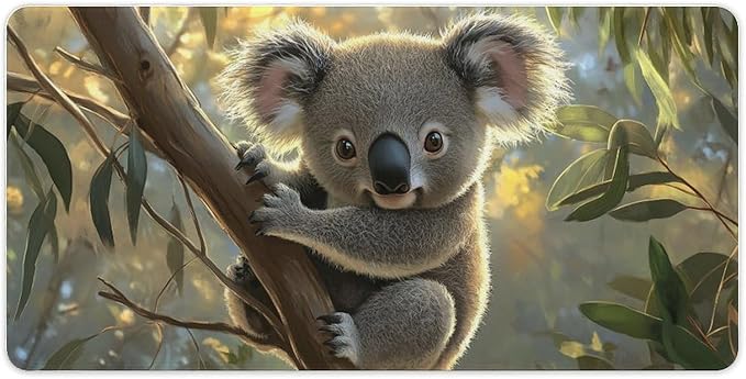 Large Ergonomic Gaming Mouse Pad Baby Koala on Eucalyptus Branch - Adorable Wildlife Theme with Non-Slip Base Water-Resistant Surface and Stitched Edges 30x60cm