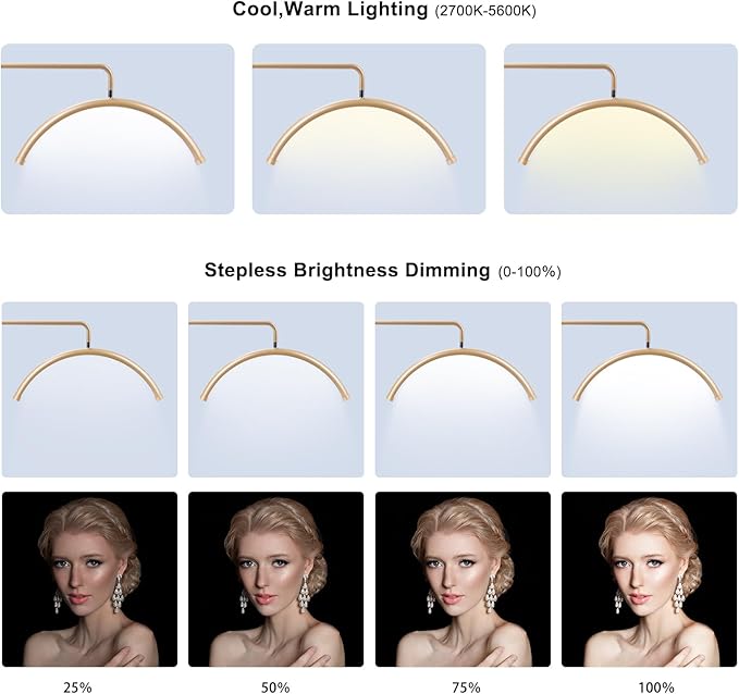 Half Moon Lash Light for Eyelash Extensions & Estheticians, Dimmable LED Lash Lamp, Shadow-Free Moon Light for Lash Tech, Adjustable Eyelash Lamp with Rotating Head (Gold)