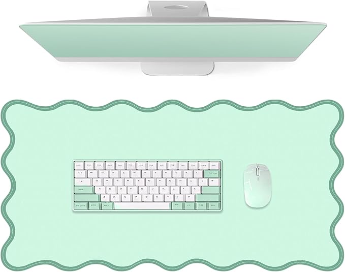 Leather Desk Mat, XXL Large 31.4x15.7in Scalloped Gaming Mouse pad，Non-Slip Rubber Base Keyboard Pad Mousepad for Laptop Computer Game Home Office，Waterproof and Oilproof Desktop Mat I Green