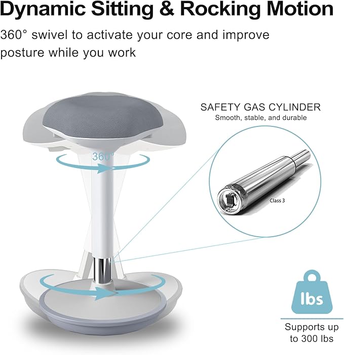 Wobble Stool Adjustable Height Standing Desk Chair with Non-Slip Base and Upgraded Lift for Home and Office (Grey)