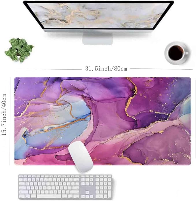 Purple Pink Gold Marble Non-Slip Rubber Large Mouse pad for Desk,Large Gaming Mouse Pad XXL Extended Mouse pad with Stitched Edges Non-Slip Base Water Resist Pad Desk Mat 35.4x15.7inch