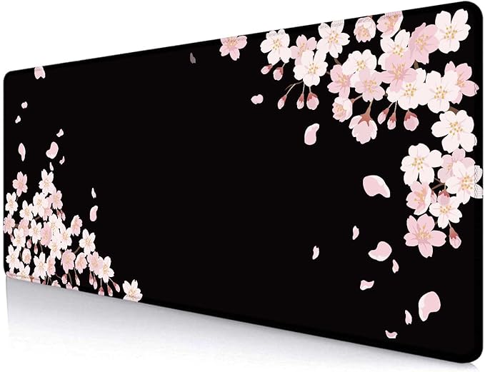 IMAYONDIA Sakura Japanese Desk Mat, Cherry Blossom Large Gaming Mouse Pad, Black Elegant Floral Mousepad for Women, Minimalistic Flower Aesthetic Desk Pad for Work, Game, Office, 31.5x11.8