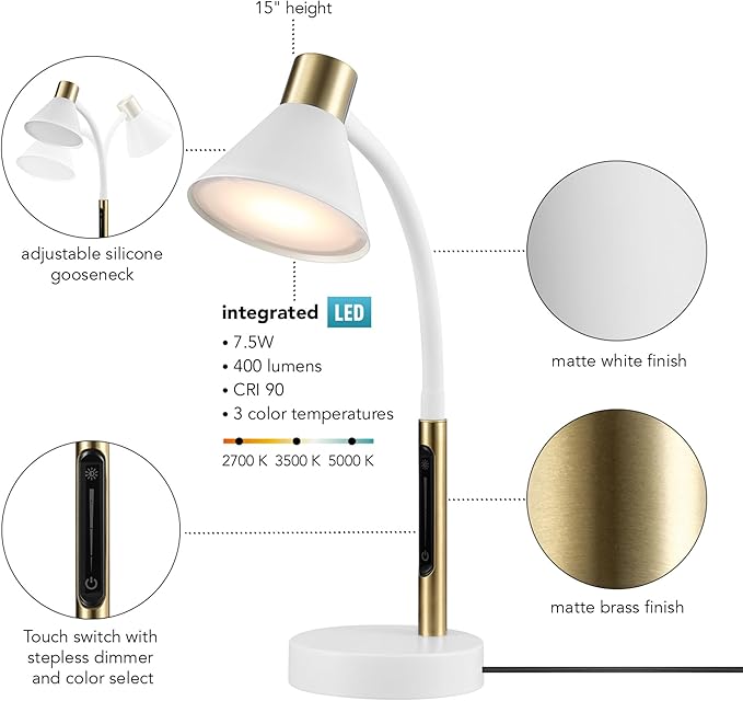 Globe Electric 62000035 15" LED Integrated Desk Lamp, Matte White, Brass Accent, Adjustable Gooseneck, Dimmable, 3 Color Temperature, 7.5W, 90 CRI, 400 Lumens, Reading Light, Dorm Room Essentials