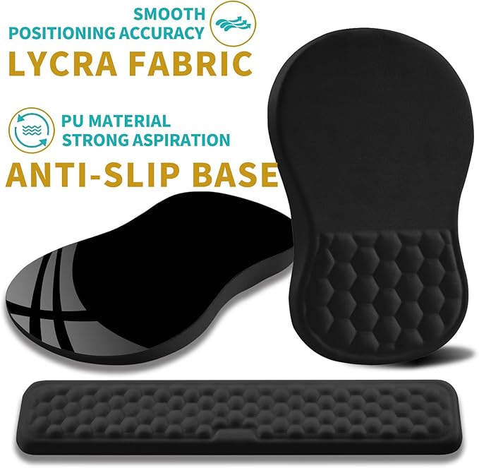 Hokafenle 2 in 1 Ergonomic Mouse Pad Wrist Support & Wrist Rest for Computer Keyboard Set, with Memory Gel Massage Bulge Design (2In1 Set, Black)