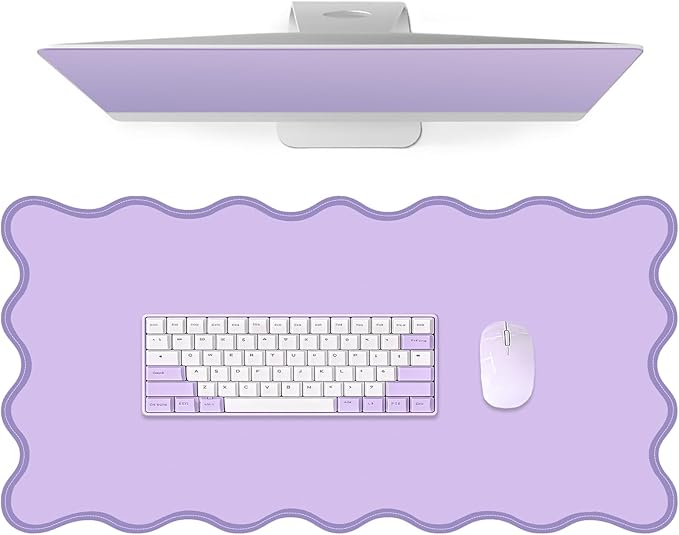 Leather Desk Mat, XXL Large 31.4x15.7in Scalloped Gaming Mouse pad，Non-Slip Rubber Base Keyboard Pad Mousepad for Laptop Computer Game Home Office，Waterproof and Oilproof Desktop Mat I Purple