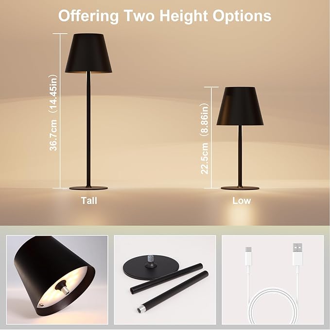 ORALUCE Cordless Table Lamp Rechargeable, Battery Operated LED Desk Lamp with USB Type-C Charging Port, 3 Color Stepless Dimming LED Lamp for Bedroom/Restaurant/Party/Coffee Shop/Camping/Bars, 1 Pack
