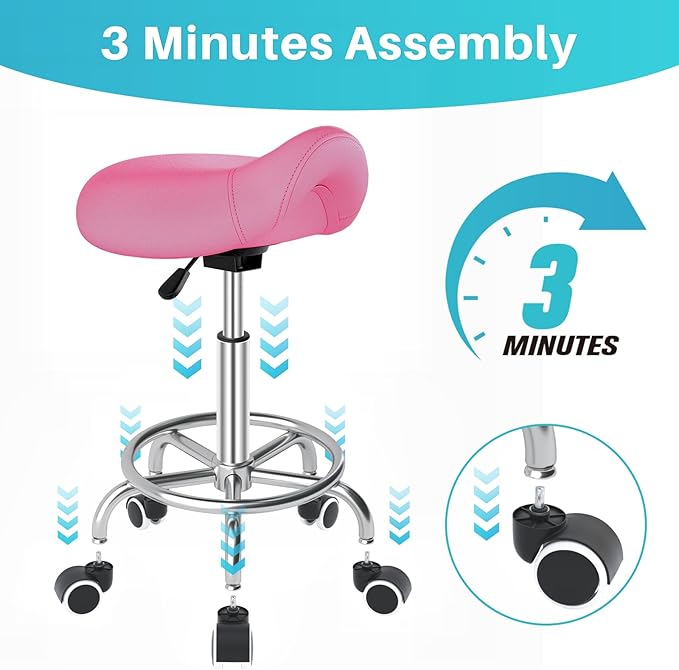 YEEZEE Saddle Stool Ergonomic- Comfortable Rolling Saddle Stool with Wide Thick Saddle Seat Padding, Swivel Adjustable Saddle Chair with Wheels and Ring Pedal for Medical Massage Salon (Pink)