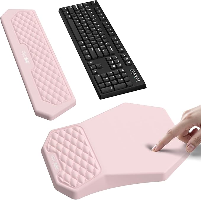 Ergonomic Mouse Pad and Keyboard Wrist Rest Support Set, Massage Design Mousepad for Carpal Tunnel, Memory Foam, Non-Slip PU Base for Computer Desk, Pink
