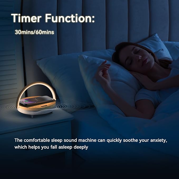 Bedside Table LED Night Light with Wireless Charger and Bluetooth Speaker, Desk Lamp As Sleep Aid White Noise Machine and Phone Holder, Great Birthday Gifts for Girlfriend, Women（Music Upgrade）