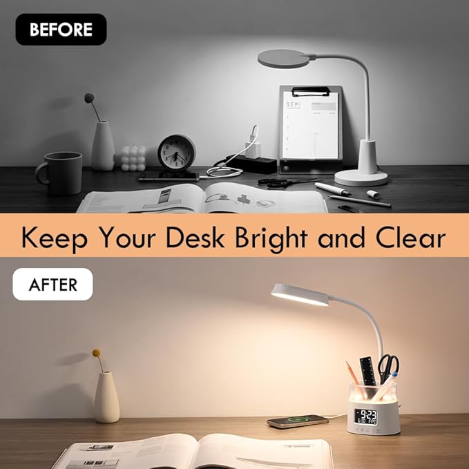 WILIT LED Desk Lamps for Home Office with Pen Holder, Table Lamp for Bedroom with USB Charging Port & Clock, RGB Night Light, Study Lamp for Kids Girls, Desk Light for College Dorm Room Essentials