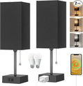 Table Lamp for Bedroom set of 2,3-Color Bedside Lamps with Pull Chain Table Lamps for Nightstand with AC Outlets, Night Light Lamps with 2 Bulbs Lamps for Living Room Kids Office Decor（Black）
