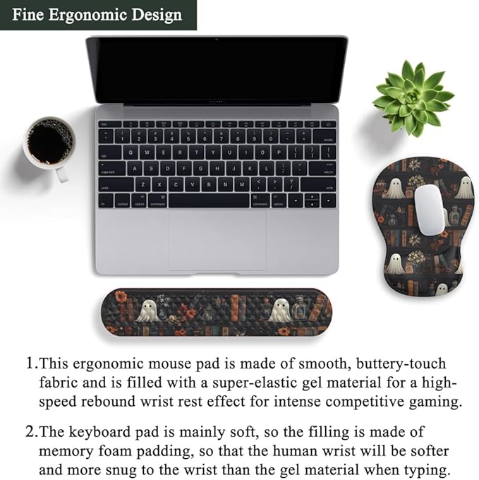 Ghost Book Mousepad with Wrist Rest Halloween Computer Keyboard Mouse Pad Black Cute, Mouse Pad with Wrist Rest for Computer Keyboard, 2 In 1 Mousepad with Wrist Support for Easy Typing & Ergonomic Comfort