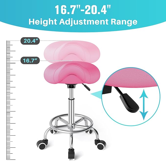 YEEZEE Saddle Stool Ergonomic- Comfortable Rolling Saddle Stool with Wide Thick Saddle Seat Padding, Swivel Adjustable Saddle Chair with Wheels and Ring Pedal for Medical Massage Salon (Pink)