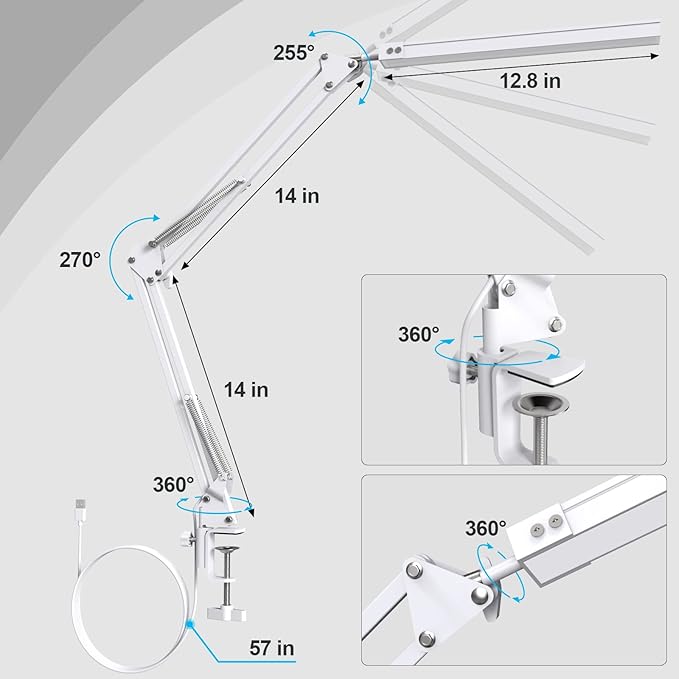 Upgrade Swing Arm LED Desk Lamp with Clamp, 80 LED Beads, 5 Color Modes & 11 Brightness Levels, 360° Adjustable Arm, Eye-Caring Light CRI95, Timer & Memory Function, for Office, Study, Crafting