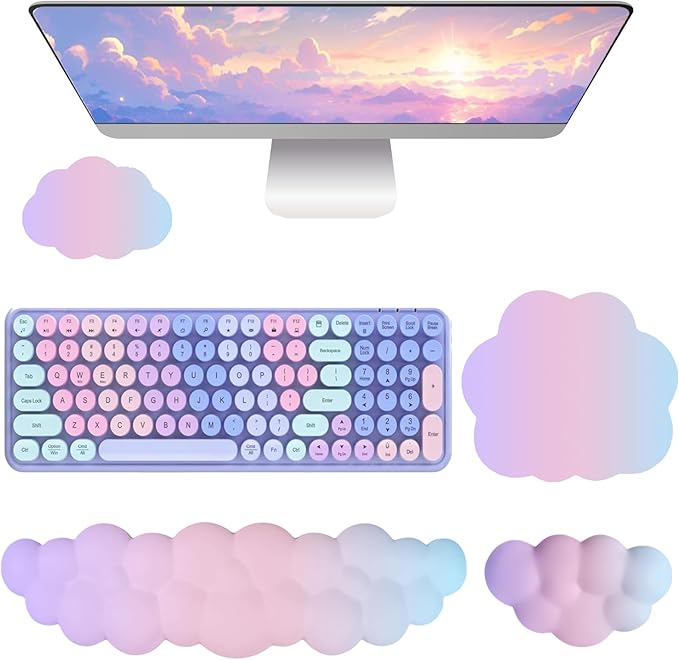 Cloud Mouse Pad Keyboard Wrist Rest for Mouse 4PCS Mini Small Desk Mat Pad Set Memory Foam Non-Slip Cute Ergonomic Gaming Mouse Wrist Support for Computer Home Office Pink Purple Blue