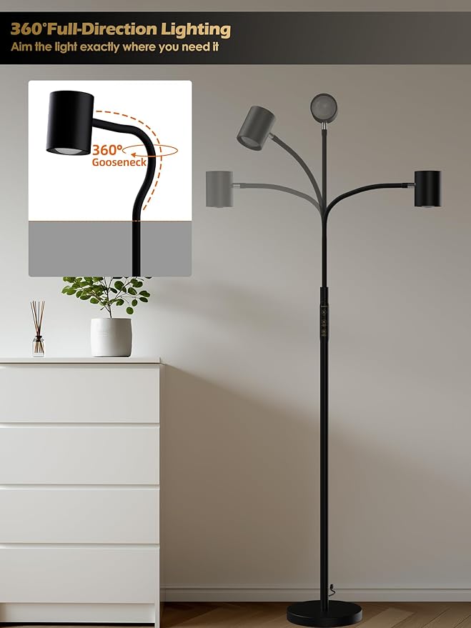 Reading Floor Lamp, 62" Tall LED Floor Lamp, Dimmable Standing Lamp, 7 Brightness & 4 Color Temperature, Adjustable Gooseneck, Touch Control, Task Craft Light for Living Room Bedroom Office,Black