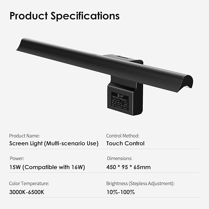 BY-J Computer Monitor Light Bars, Screen Monitor Light Bar for Eye Caring, Charged and Plugged in, Dimmable Monitor Light Bar, Touch Control, No Glare Space Saving Home