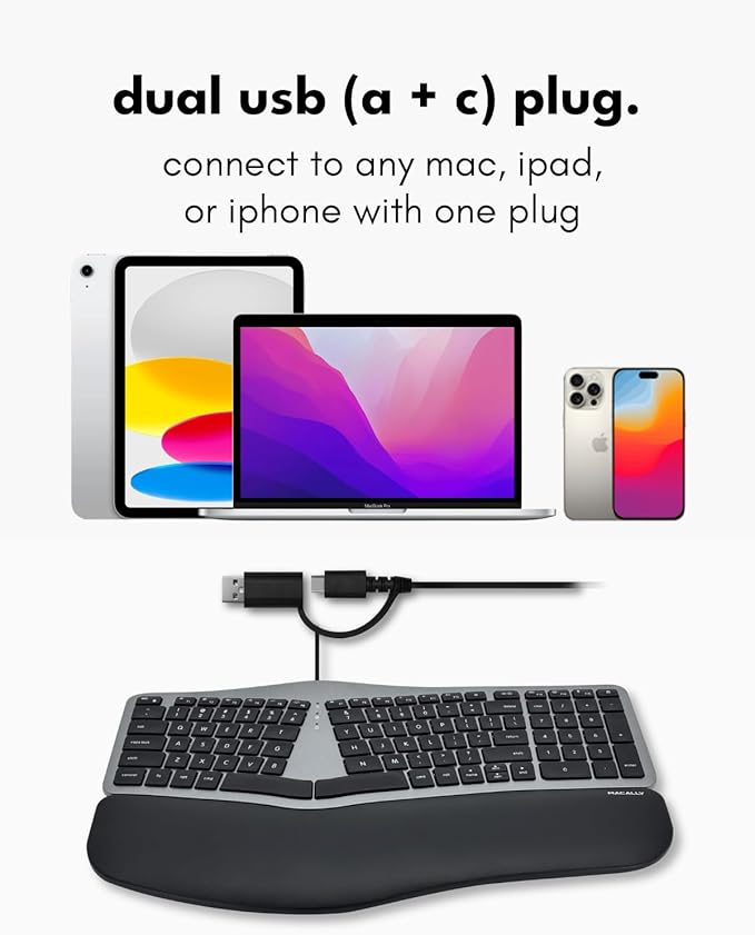 Macally Wired Ergonomic Keyboard for Mac - USB Hub, Backlit Keys, Dual USB C + A Plug, Split Design, Padded Wrist Cushion - Compatible Apple Keyboard for MacBook Pro/Air, iMac, iPad - Space Gray