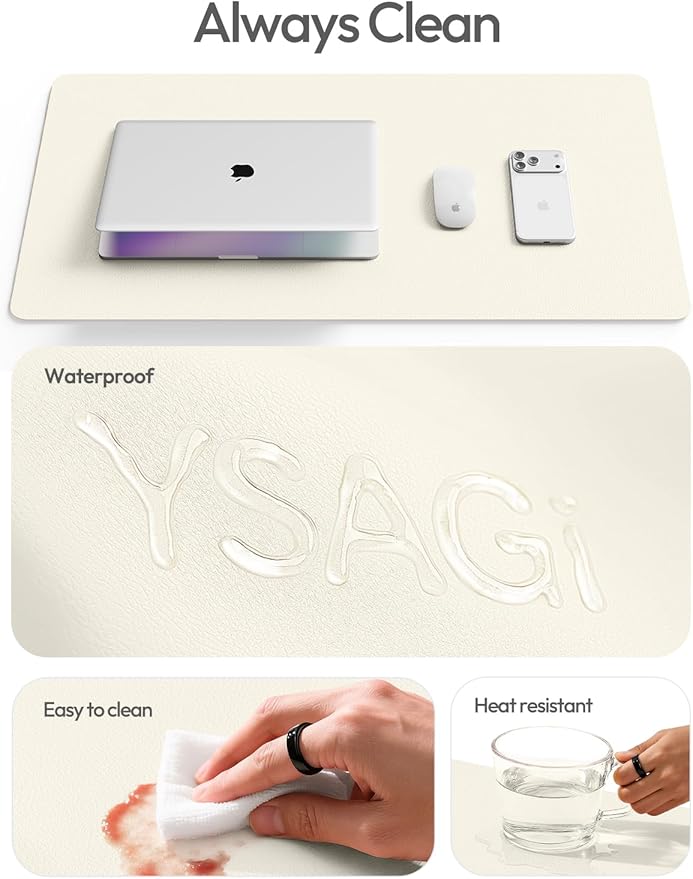 YSAGi Leather Desk Protector, Office Mat, Large Mouse Mat, Non-Slip PU Leather Blotter, Laptop Desk Mat, Waterproof Writing Pad for Office and Home (Cream, 31.5" x 15.8")