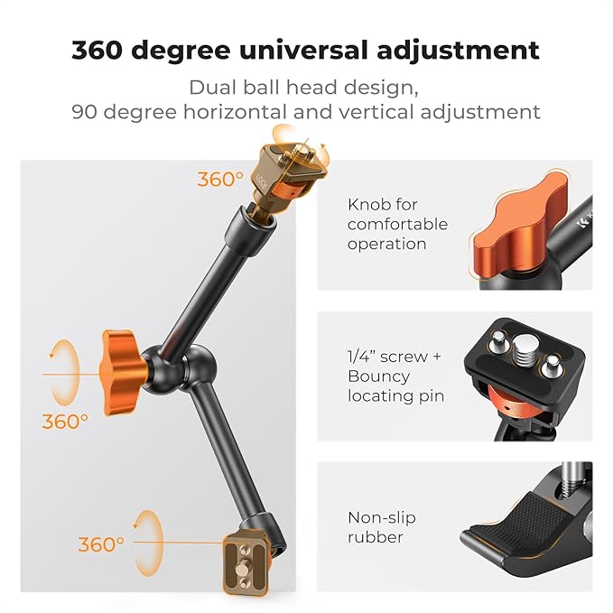K&F CONCEPT 11" Magic Arm Clamp with ARRI 1/4" & 3/8" Thread Screw 360° Ball Heads Articulating Arm Camera Adapter for DSLR, Monitor, LED Light, Microphone, Camera Cage, Action Camera