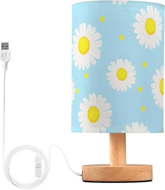 Blue Daisy LED Table Lamp, Bedside Lamp with Linen Lampshade, Flicker-Free Eye Care USB Plug in Nightstand Lamp, for Bedroom and Office