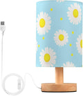 Blue Daisy LED Table Lamp, Bedside Lamp with Linen Lampshade, Flicker-Free Eye Care USB Plug in Nightstand Lamp, for Bedroom and Office
