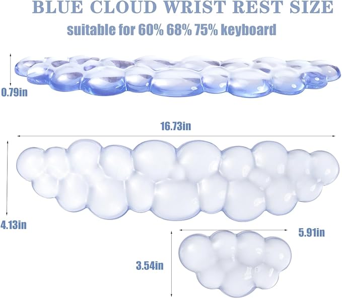 Ergonomic Gel Cloud Keyboard and Mouse Wrist Rest Set – Clear Wrist Rest for Computer Keyboard 60%/68%/75%, Comfort & Support for Typing and Gaming (Light Blue)