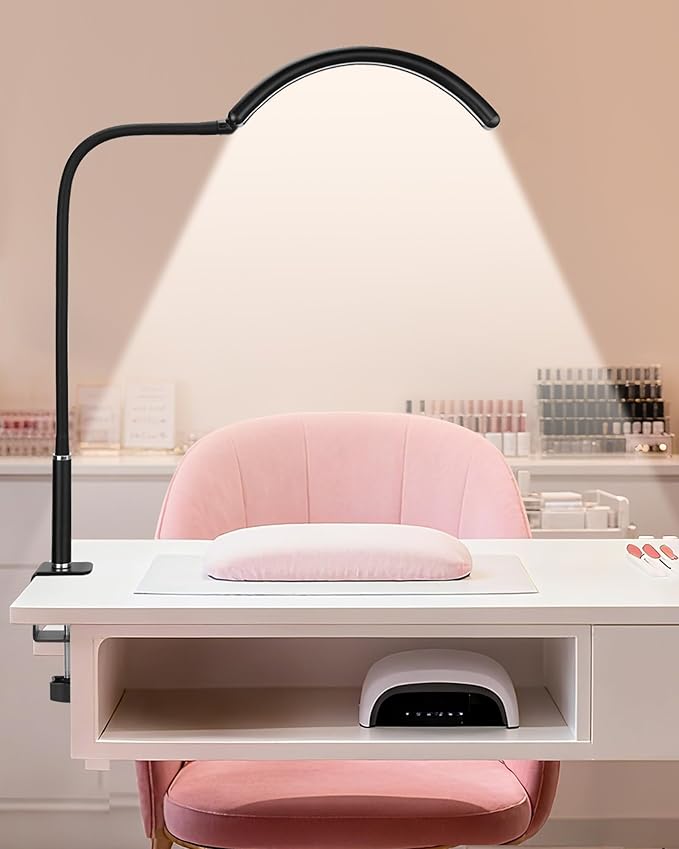 Professional Half Moon LED Desk Light for Nail Techs & Artists – Flexible Gooseneck Lamp with Clamp, 3 Color Modes & 5 Brightness Levels for Manicure, Tattoo, Beauty Work