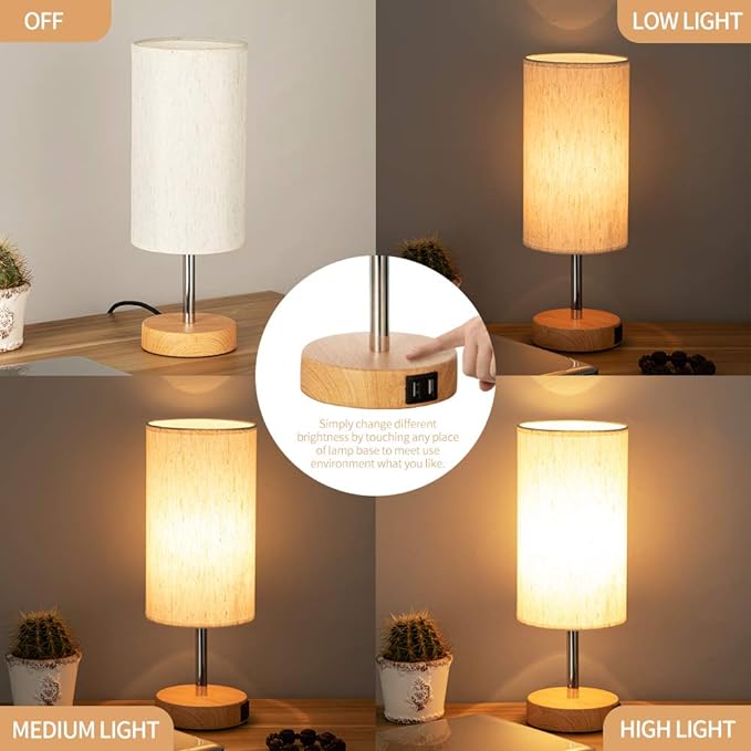 Yarra-Decor Bedside Lamps with USB Port - Touch Control Table Lamp for Bedroom Wood 3 Way Dimmable Nightstand Lamp Set of 2 with Round Flaxen Fabric Shade for Living Room, Dorm, Home Office (2 Pack)