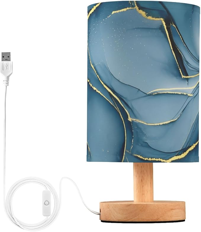Blue LED Table Lamp, Bedside Lamp with Linen Lampshade, Flicker-Free Eye Care USB Plug in Nightstand Lamp, for Bedroom and Office