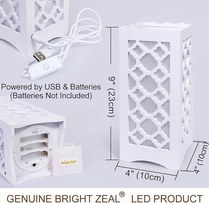 Bright Zeal 9" Tall LED Table Lamp with Flower Shaped Carving (Battery & USB Operated) - LED Desk Lamps Rechargeable with USB Charging Port - White Lamps Decorative Indoor Lights Lights