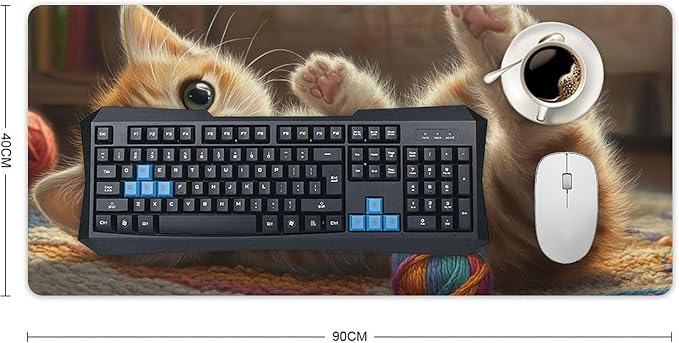 Large Ergonomic Gaming Mouse Pad Curious Kitten Playtime - Cute Cat Theme with Non-Slip Base Water-Resistant Surface and Stitched Edges 40x90cm