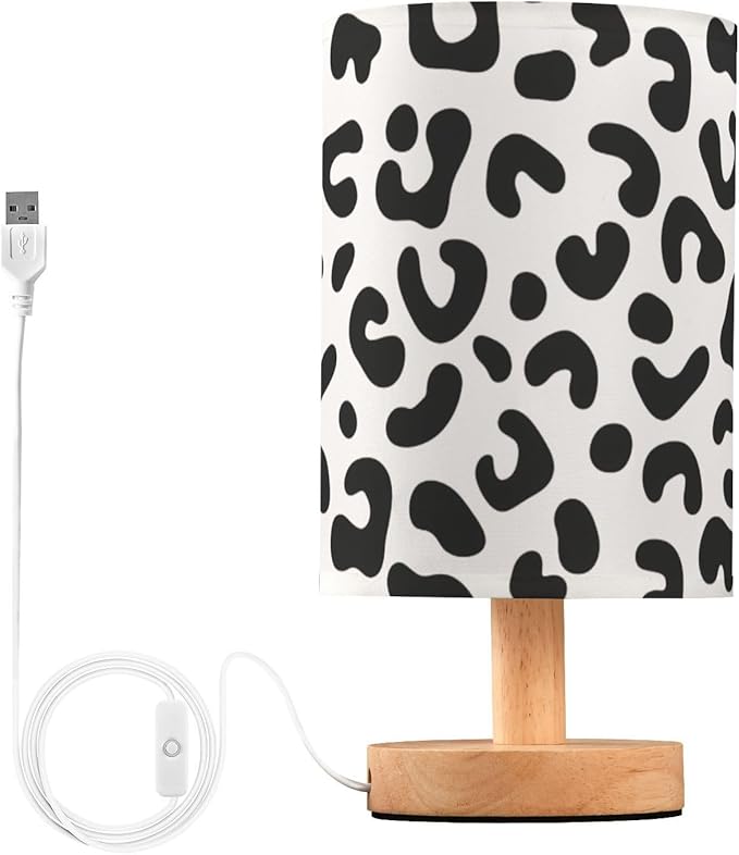 Black Leopard LED Table Lamp, Bedside Lamp with Linen Lampshade, Flicker-Free Eye Care USB Plug in Nightstand Lamp, for Bedroom and Office