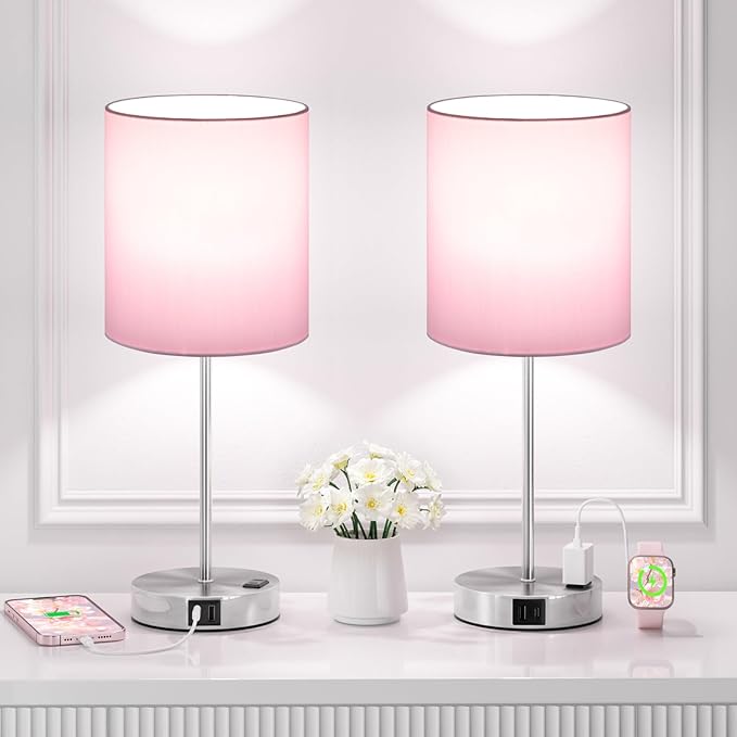 Pink Touch Lamps for Nightstand Set of 2 - Bedside Table Lamp for Bedroom with Dual USB Ports & AC Outlet, 3-Way Dimmable Lamps for Living Room Boys Room, Night Light with 5000K Daylight Bulbs