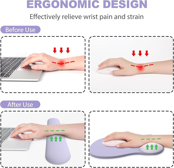 Ergonomic Mouse Pad with Wrist Rest and Keyboard Wrist Rest, Gel Mousepad and Wrist Rest for Computer Keyboard, Ergonomic Wrist Support, Non-Slip PU Base, Mouse Pad with Wrist Support for Gaming, Office, Purple