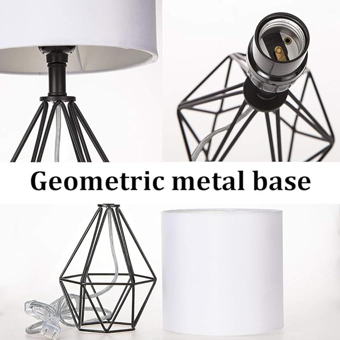 COTULIN Black Bedside Table Lamps Set of 2, Small Nightstand Lamps for Bedroom, Modern Desk Lamps with TC Fabric Shade Geometric Metal Base for Living Room Study Office Farmhouse