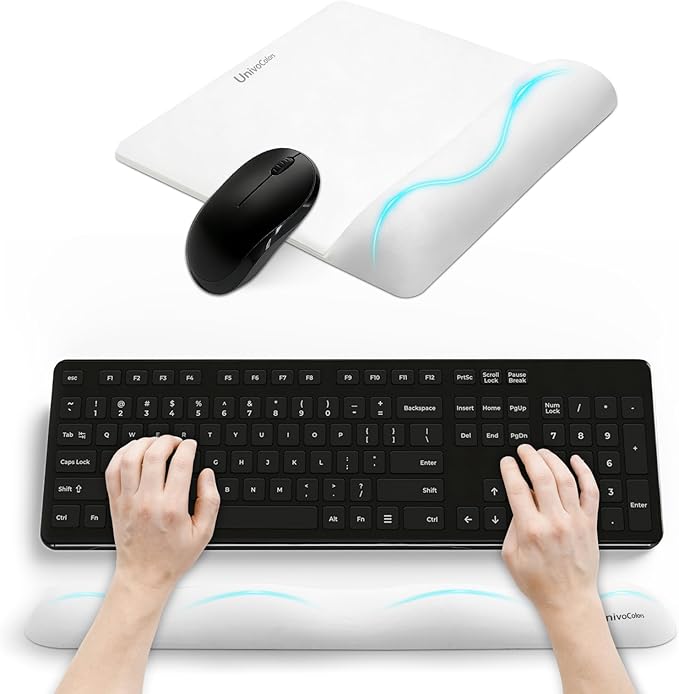 UnivoColors Wide Size Mouse Pad with Wrist Rest & L-Size Keyboard Wrist Rest Set,Premium PU Material,Low-Rebound Cushion,Ergonomic Design,Smooth Mouse Control with Hard Plate,Reduces Fatigue,White