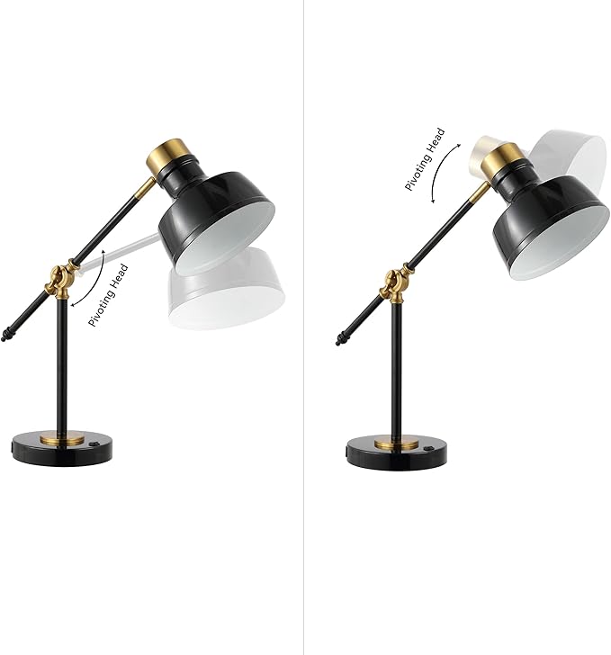 JONATHAN Y 18.5" Black/Brass Gold Adjustable Cantilever LED Task Lamp with USB Charging Port, Vintage Farmhouse Desk Lamp for Home Office Reading, Metal Shade JYL7124A