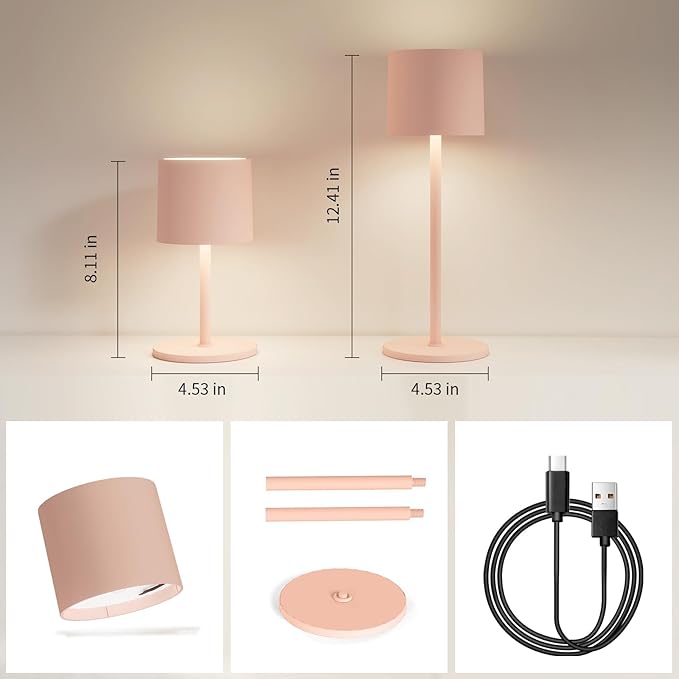 2-Pack Cordless Table Lamp, Portable LED Desk Lamps, 2 Adjustable Height, 4400mAh Battery Powered Rechargeable Light, 3 Color Stepless Dimming, for Restaurant, Bedroom, Outdoor Camping