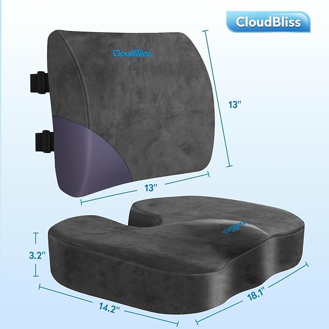 CloudBliss Seat Cushion, Office Chair Cushions, Car Seat Cushion, Lumbar Support Pillow for Office Chair, Back Support Memory Foam Pillow Coccyx Cushion for Tailbone, Coccyx & Back Support, Grey