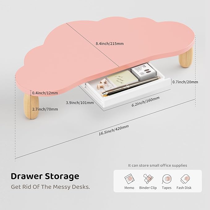 Monitor Stand Riser,Cloud-Shaped Sturdy Wood 16.5In Computer Monitor Riser Wirh Drawer, Multi-Purpose Desktop Organizer Riser for Computer,Laptop,Printer,TV,Pink
