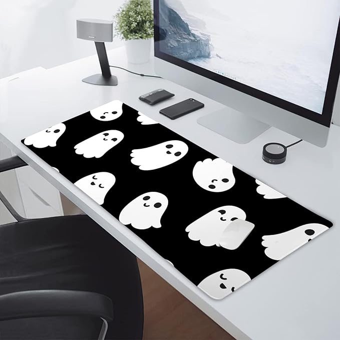 Halloween Cute Ghost Mouse Pad Kawaii Cartoon Spooky Funny Spirit Extended Desk Mat Non-Slip Rubber Base Stitched Edge Large XXL Black White Mousepad for Gaming Laptop Computer Desktop 35.4×15.7 in