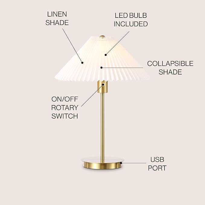 JONATHAN Y 21.25" Brass Gold Modern Glam Metal Column LED Table Lamp with USB Charging Port, Scandinavian Minimalist Bedside Lamp, White Pleated Shade, LED Bulb Included JYL1149A