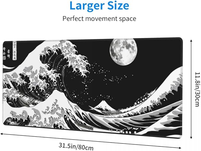 Desk Pad,Office Desk Mat 31.5"×11.8" Large Gaming Mouse Pad,Durable Extended Computer Mouse Pad,Waterproof Thick Big Mouse Pads with Non-Slip Rubber Base Office Home Japanese Black Waves