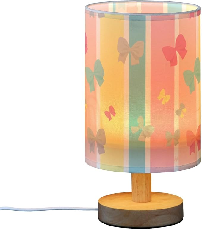 Pastel Stripe LED Table Lamp, Bedside Lamp with Linen Lampshade, Flicker-Free Eye Care USB Plug in Nightstand Lamp, for Bedroom and Office