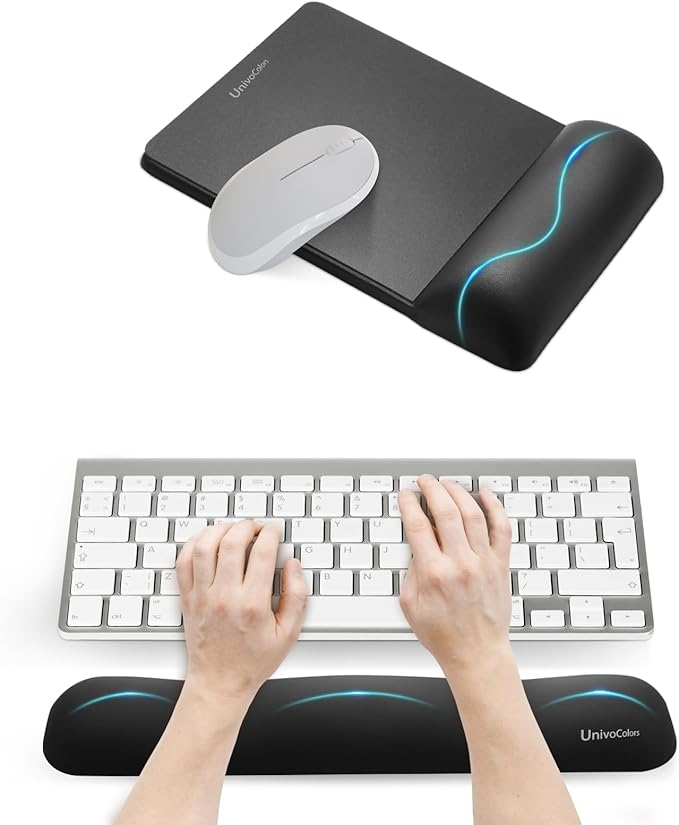 UnivoColors Mini Size Mouse Pad with Wrist Rest & M-Size Keyboard Wrist Rest Set,Premium PU Material,Low-Rebound Cushion,Ergonomic Design,Smooth Mouse Control with Hard Plate,Reduces Fatigue,Black