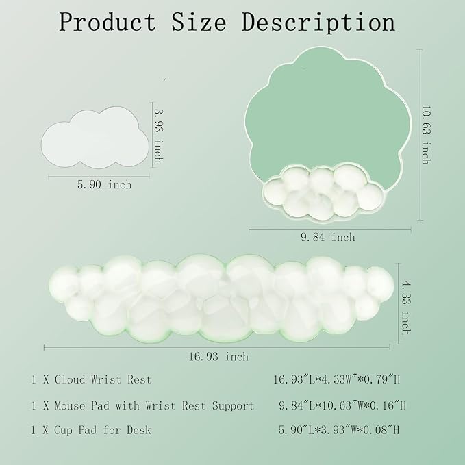 Gel Cloud Wrist Rest Keyboard Clear Green Mouse Pad with Wrist Rest Set 3PCS Ergonomic Cool Keyboard Wrist Pad Cute Acrylic Coaster Non-Slip Base Cute Transparent Mouse Wrist Pad Support for Computer